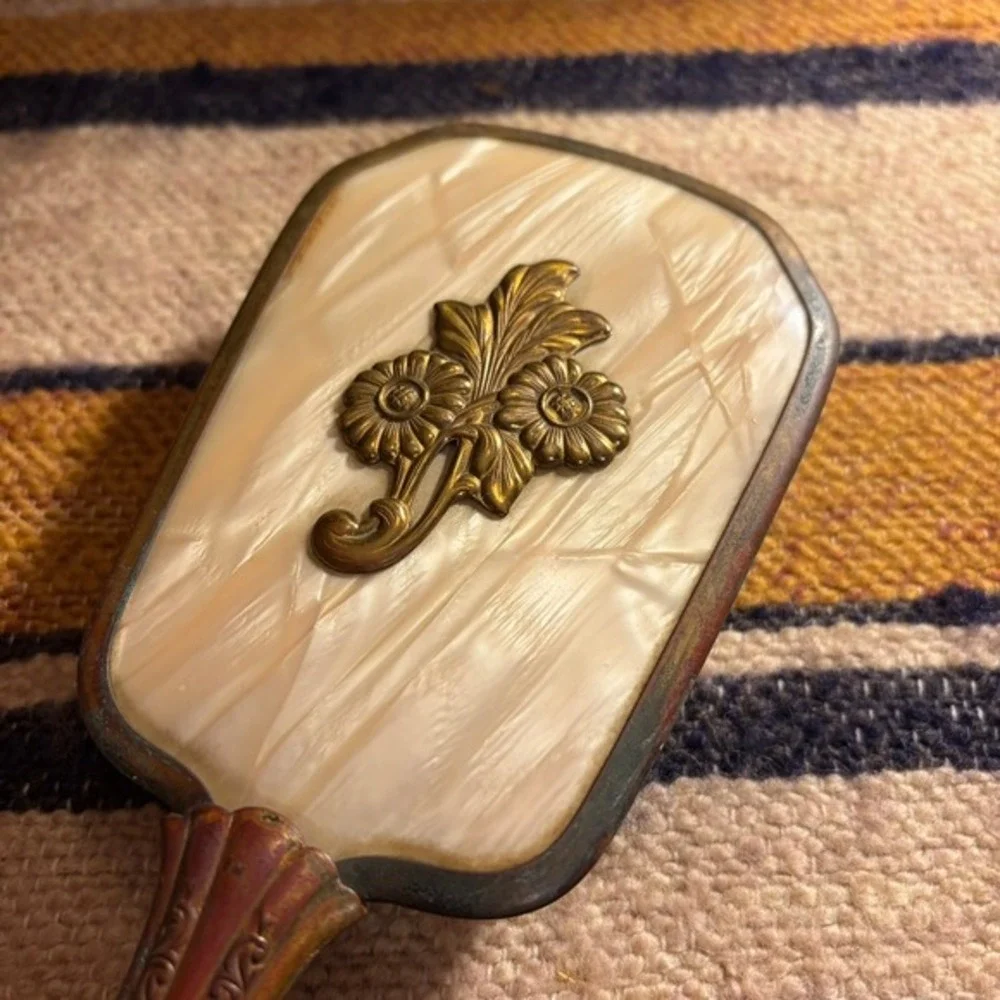 Vintage Art Nouveau Brass Hair Brush Faux Mother of Pearl Floral Vanity Decor‎